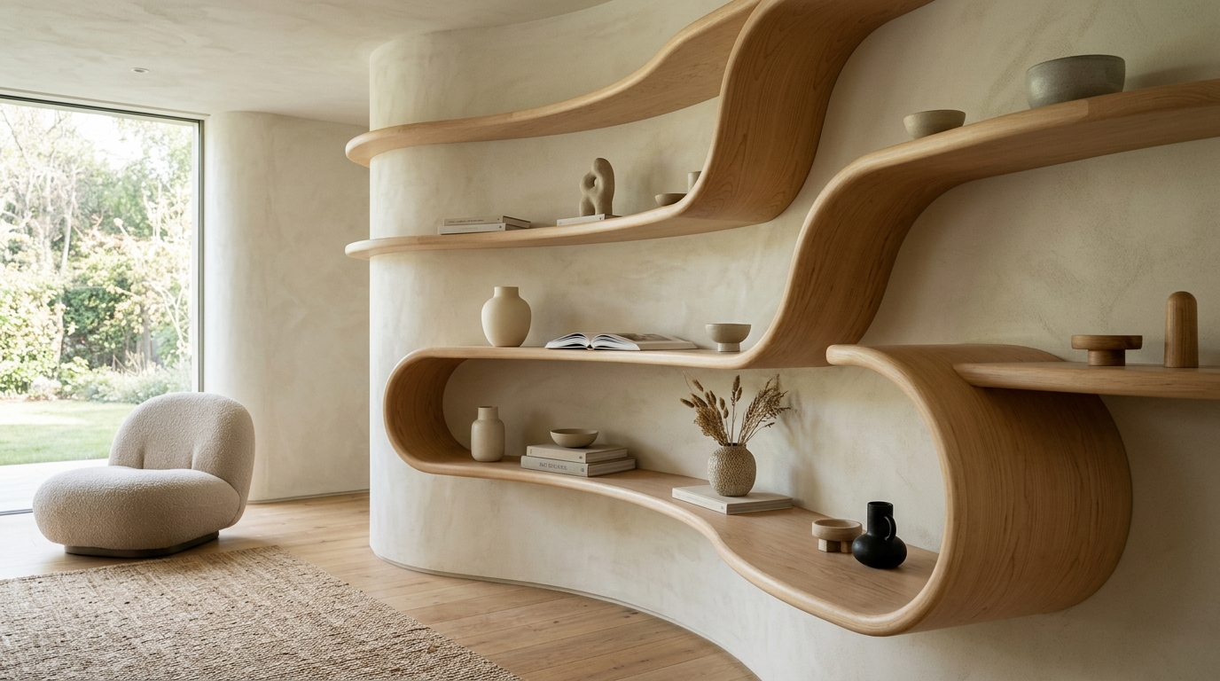 Organic modern wall storage featuring curved edges and light-toned birch plywood for a soft, Scandinavian aesthetic.