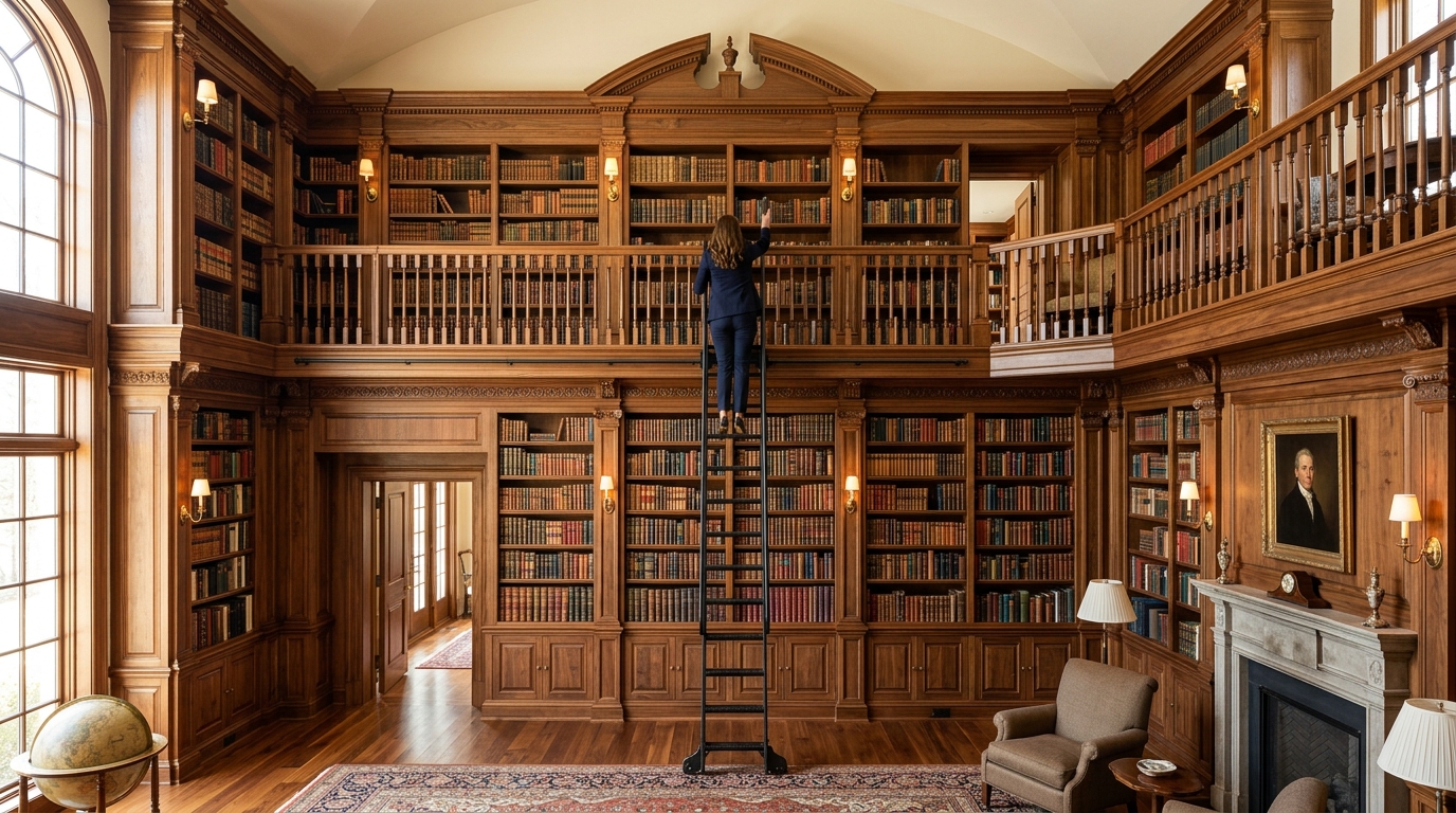 A sophisticated library wall with floor-to-ceiling shelving and an integrated rolling ladder for high-performance access.