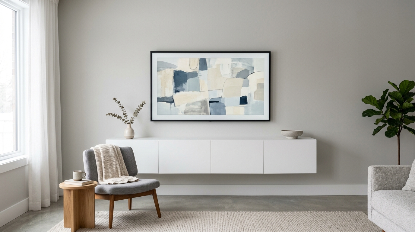 Low-profile floating entertainment hub with concealed wiring for a minimalist media setup in a small footprint living room.
