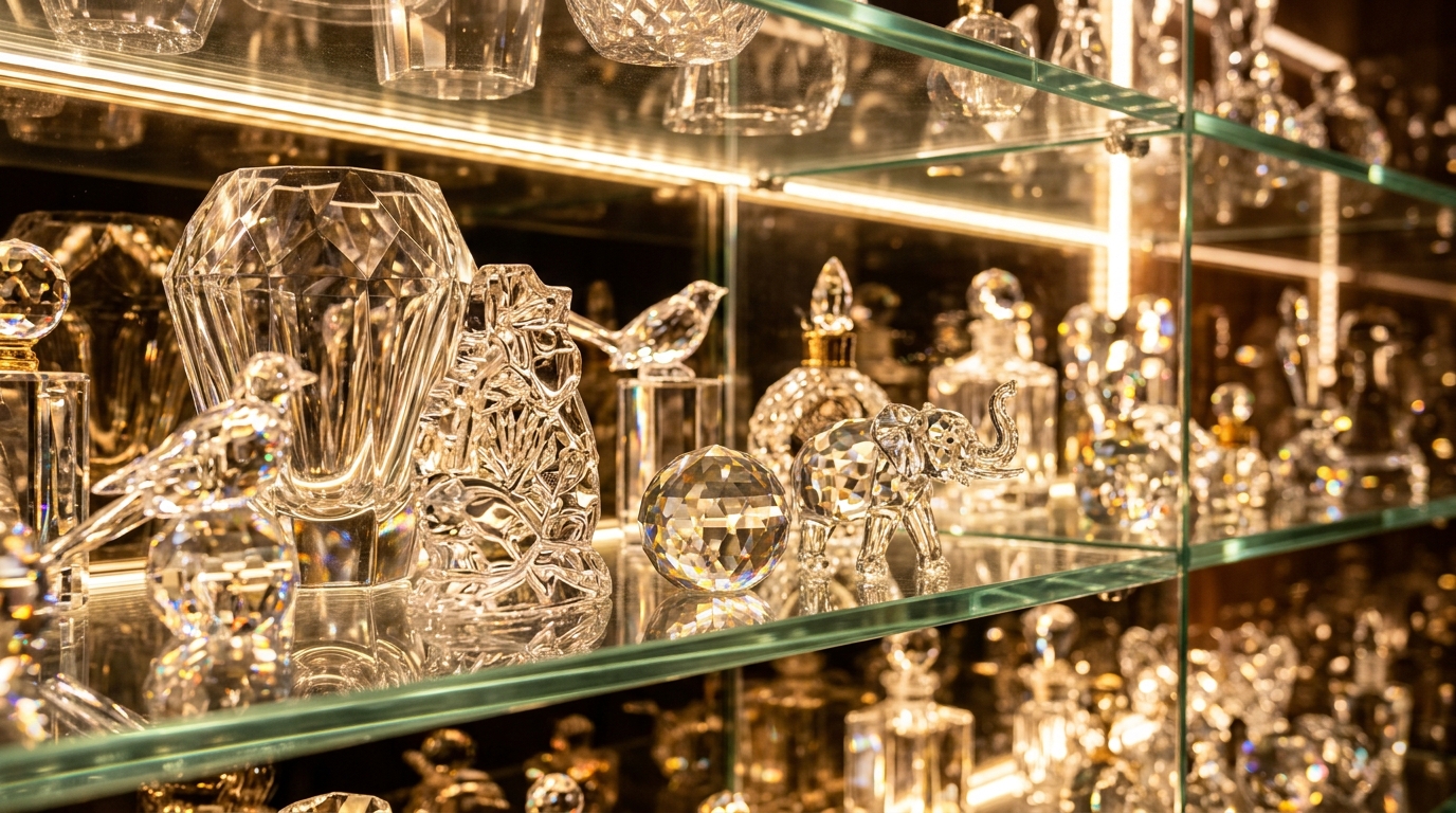 Detail of 3000K task lighting focused on a curated collection of mid-century modern glassware on a glass shelf.