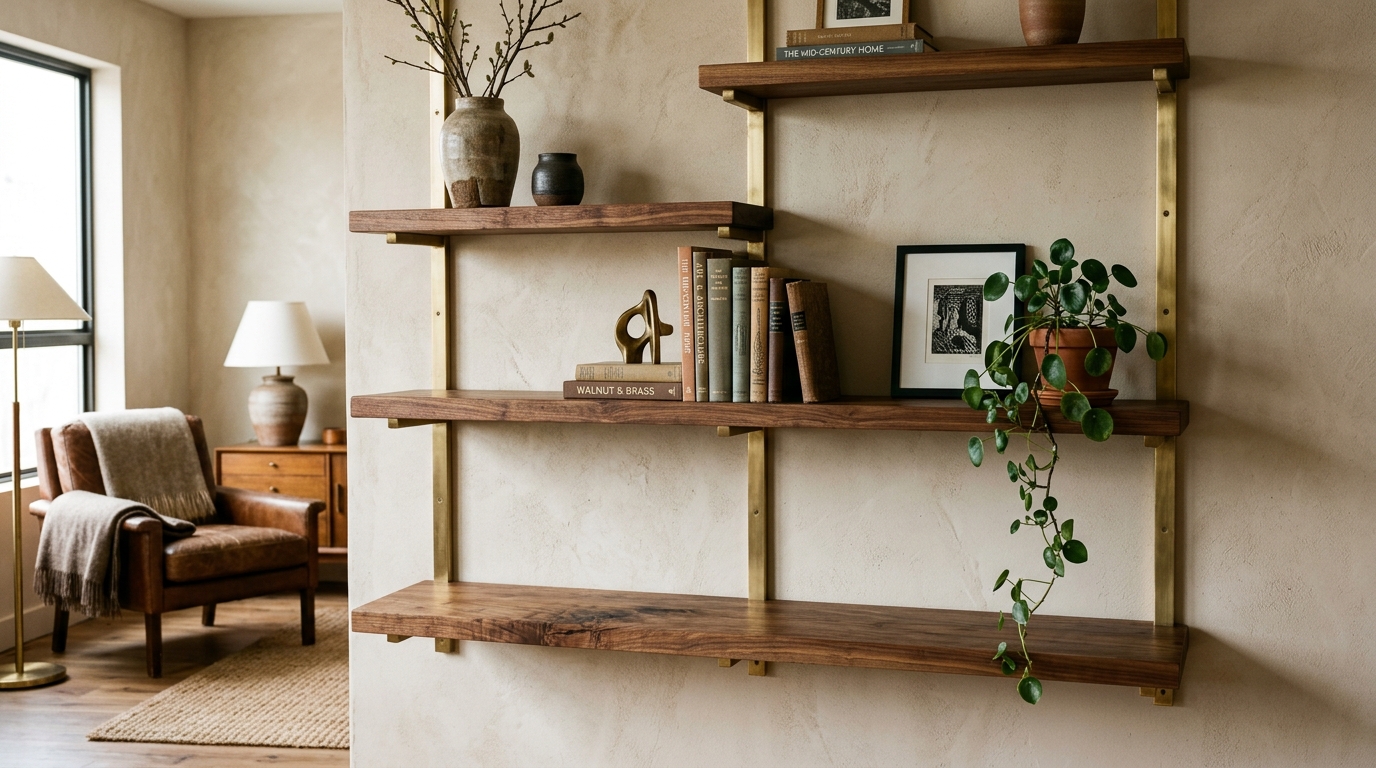 A vibrant living room wall shelf ideas arrangement featuring a mix of matte brass hardware and dark walnut wood.