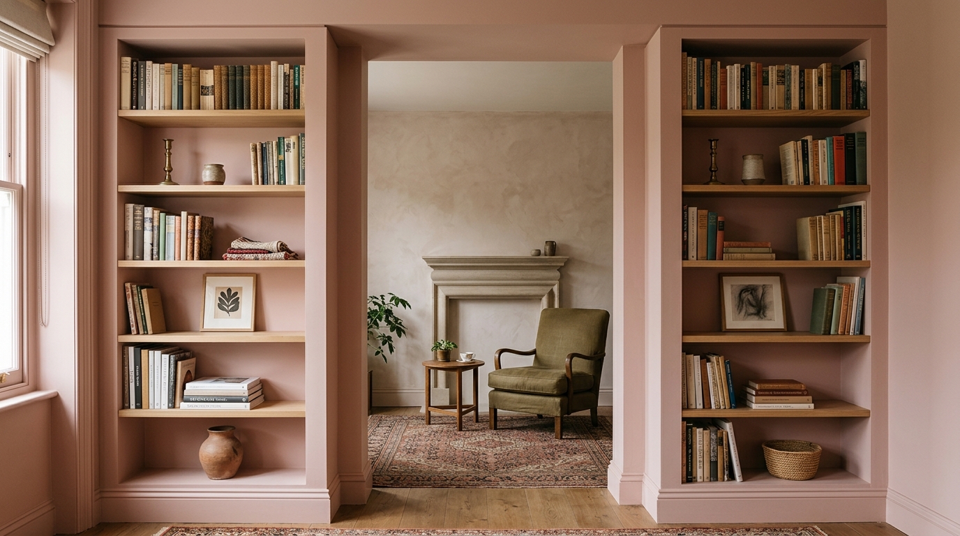 Symmetrical alcove shelves flanking a fireplace, painted in Farrow & Ball Setting Plaster for a warm, rosy architectural glow.