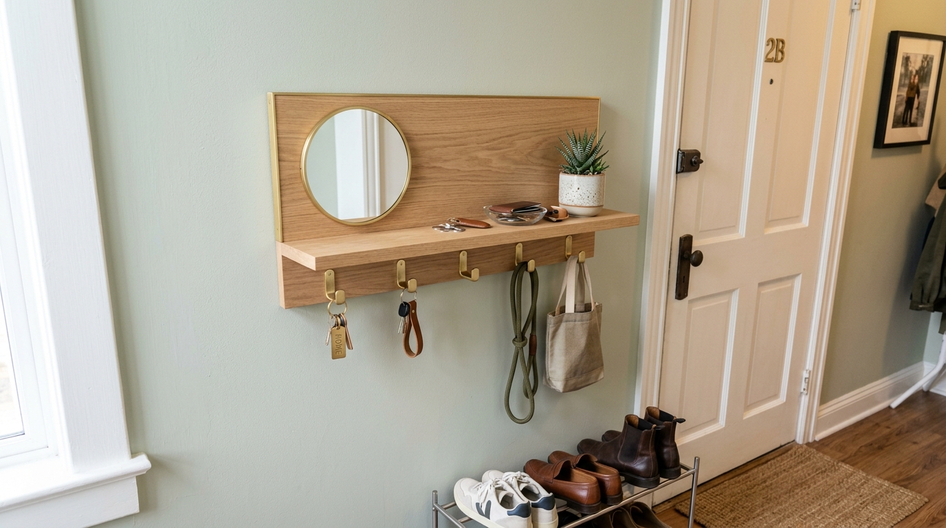 A multi-functional 'drop zone' shelf near a small apartment entryway with integrated hooks and a catch-all tray.