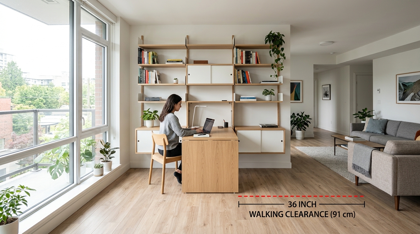 Architectural layout showing 36-inch walkway clearances and a modular shelving grid integrated with a drop-down workspace in a modern apartment.