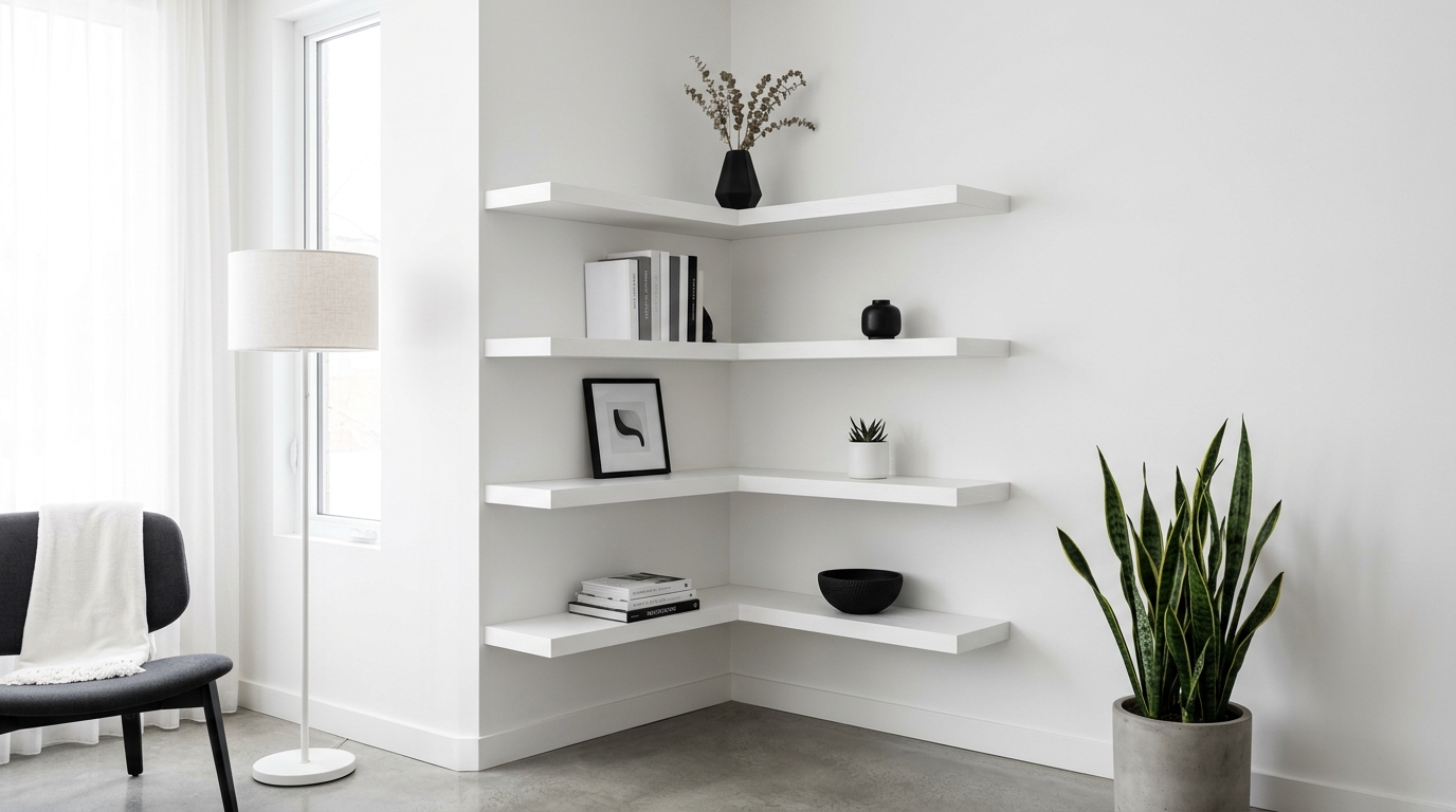 Floating corner shelves maximizing an underutilized nook, styled with monochrome objects to create visual depth.