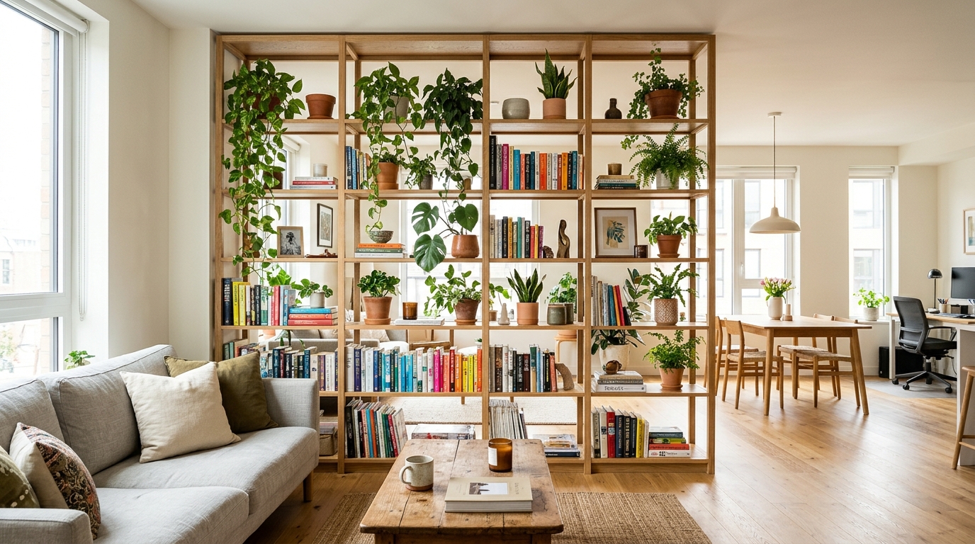 An expansive shelving grid used as a room divider, maintaining sightlines while providing high-capacity storage.