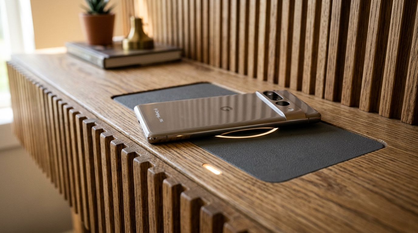 Close-up of integrated wireless charging embedded into a fluted wood shelf for seamless tech utility.