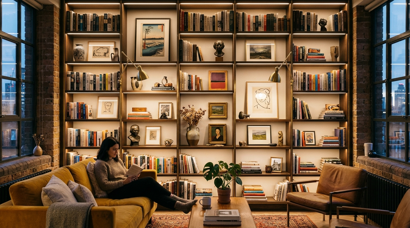 A maximalist but curated wall shelf display featuring a rich 'tapestry' of textures and architectural volumes.