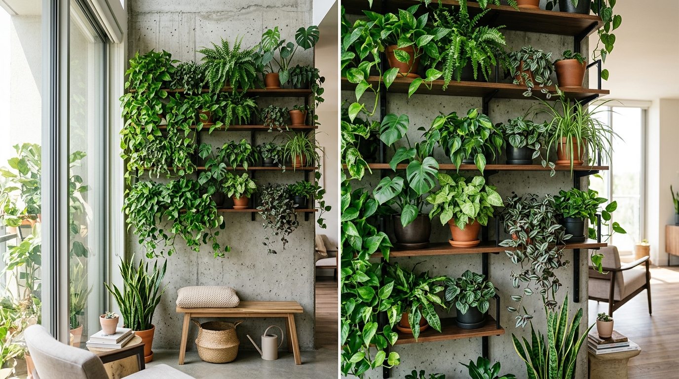 Modern wall shelves featuring integrated planters for an indoor vertical garden effect in a sun-drenched urban living room.