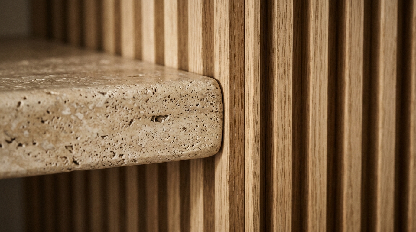 Close-up detail of tactile materials featuring a honed travertine shelf paired with fluted oak panels and organic ceramic vessels.