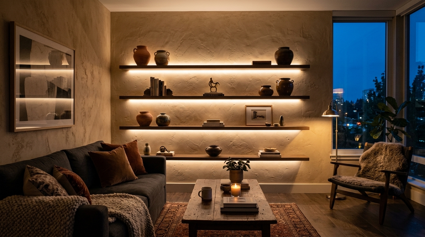 Atmospheric evening shot of backlit LED wall shelves with a 2700K warm glow, highlighting a textured limewash wall surface.
