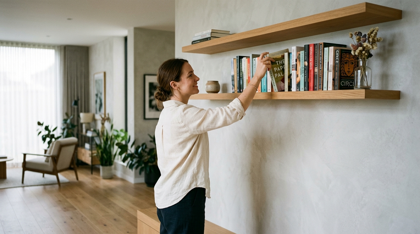 Ergonomic functional snapshot of a living room wall system with books at eye level and hidden cable management for a clutter-free look.