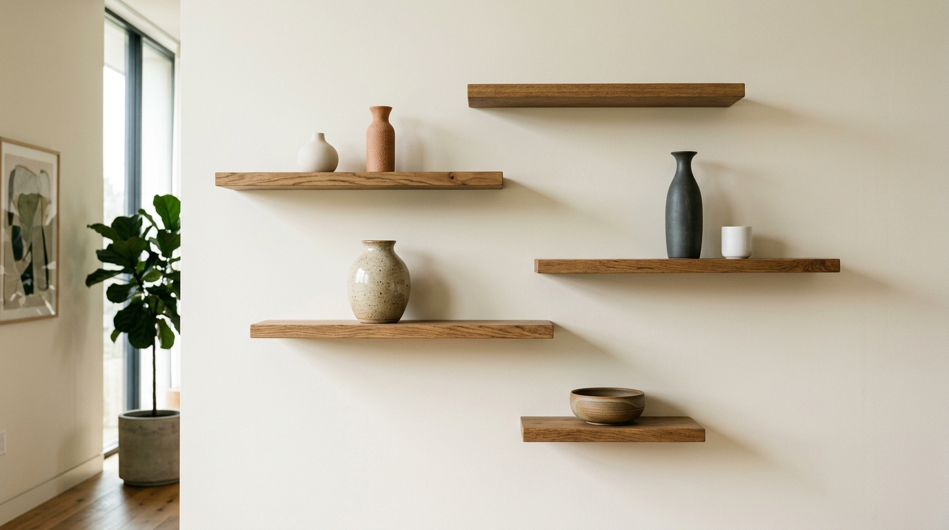 Asymmetrical floating shelves in a living room finished in Benjamin Moore Swiss Coffee, showcasing a balance of negative space and sculptural decor.