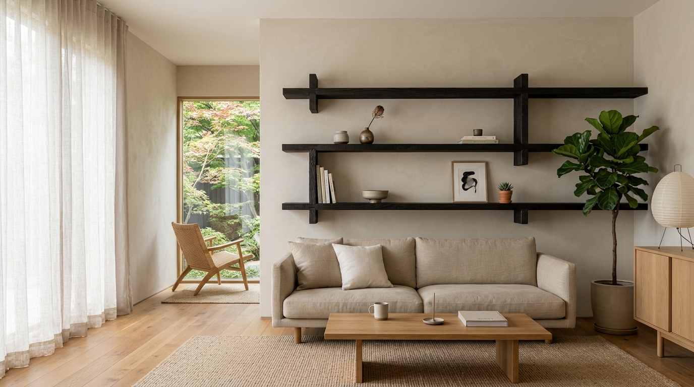 A Japandi wall shelf ideas installation featuring dark charred wood shelves against a soft grey clay plaster wall.