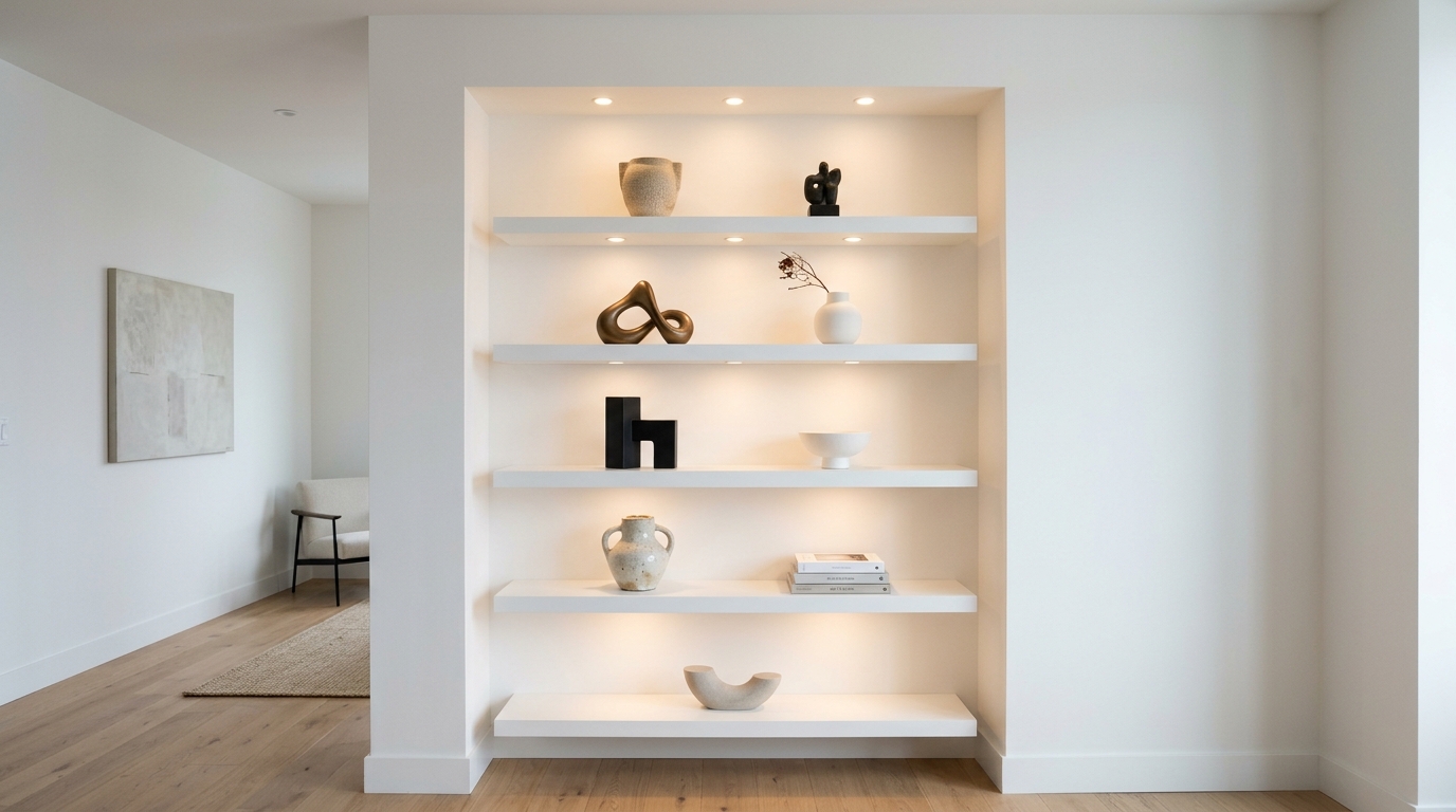 Minimalist alcove shelving with recessed spotlights, creating a gallery-like display for rare art books and vintage pottery.