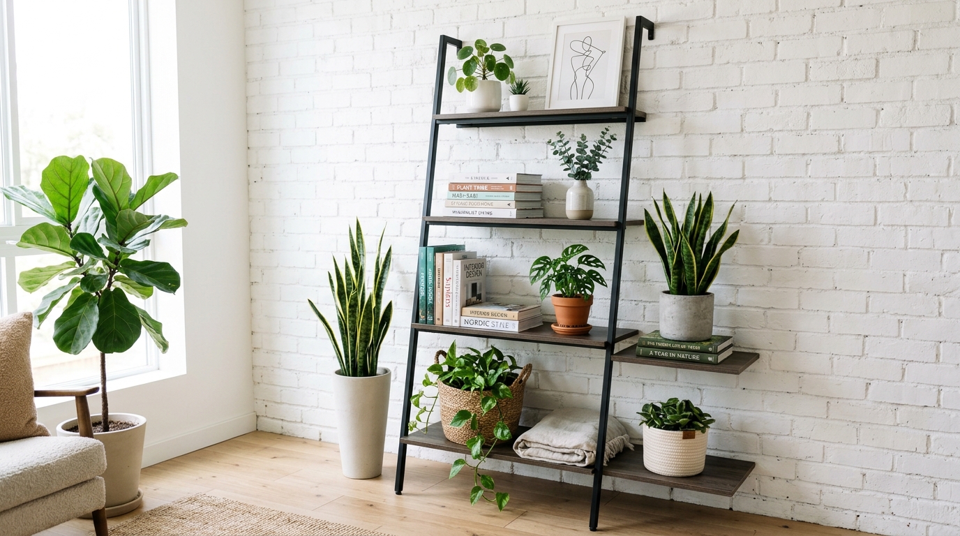 A renter-friendly leaning ladder shelf in matte black steel, styled with trailing plants and architectural magazines.