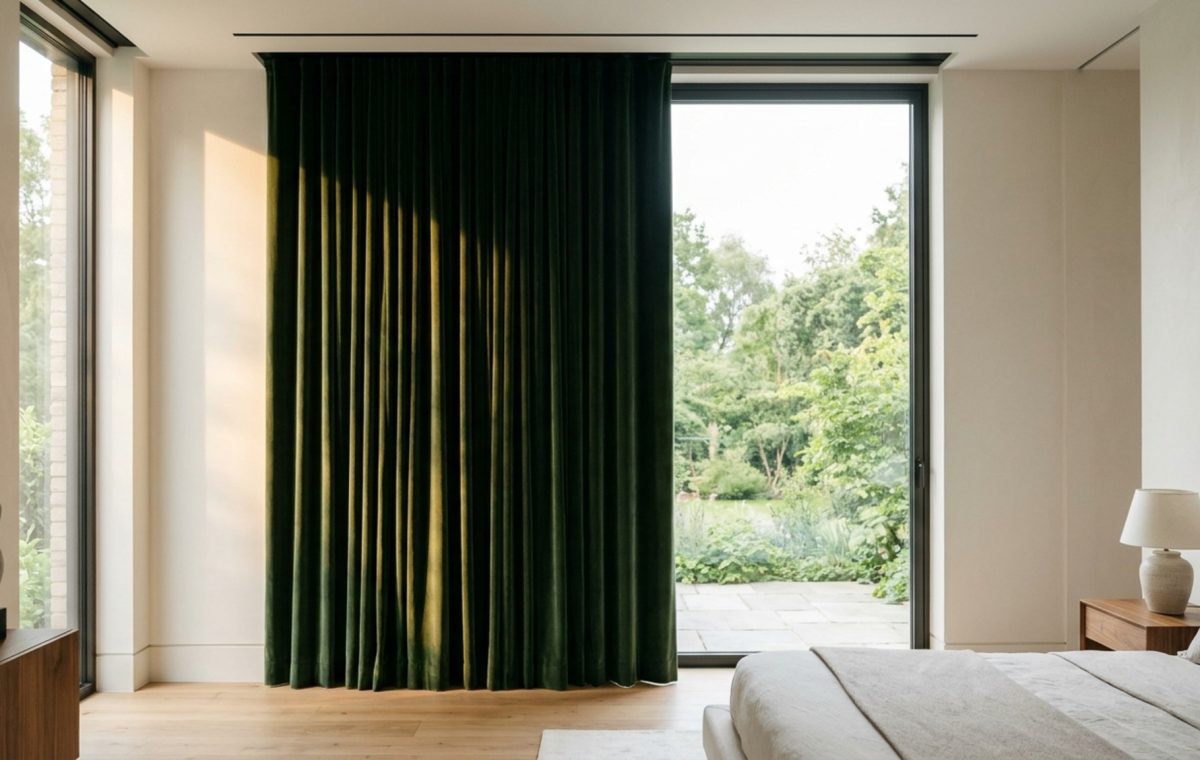 motorized bedroom curtains installed in a recessed ceiling pocket with minimalist brushed brass hardware and a soft-closing smart track system