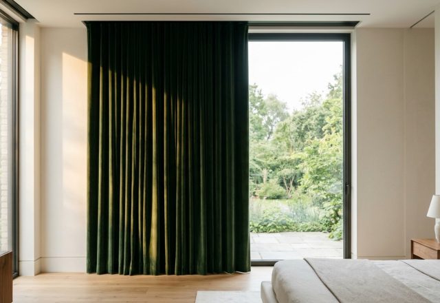 motorized bedroom curtains installed in a recessed ceiling pocket with minimalist brushed brass hardware and a soft-closing smart track system
