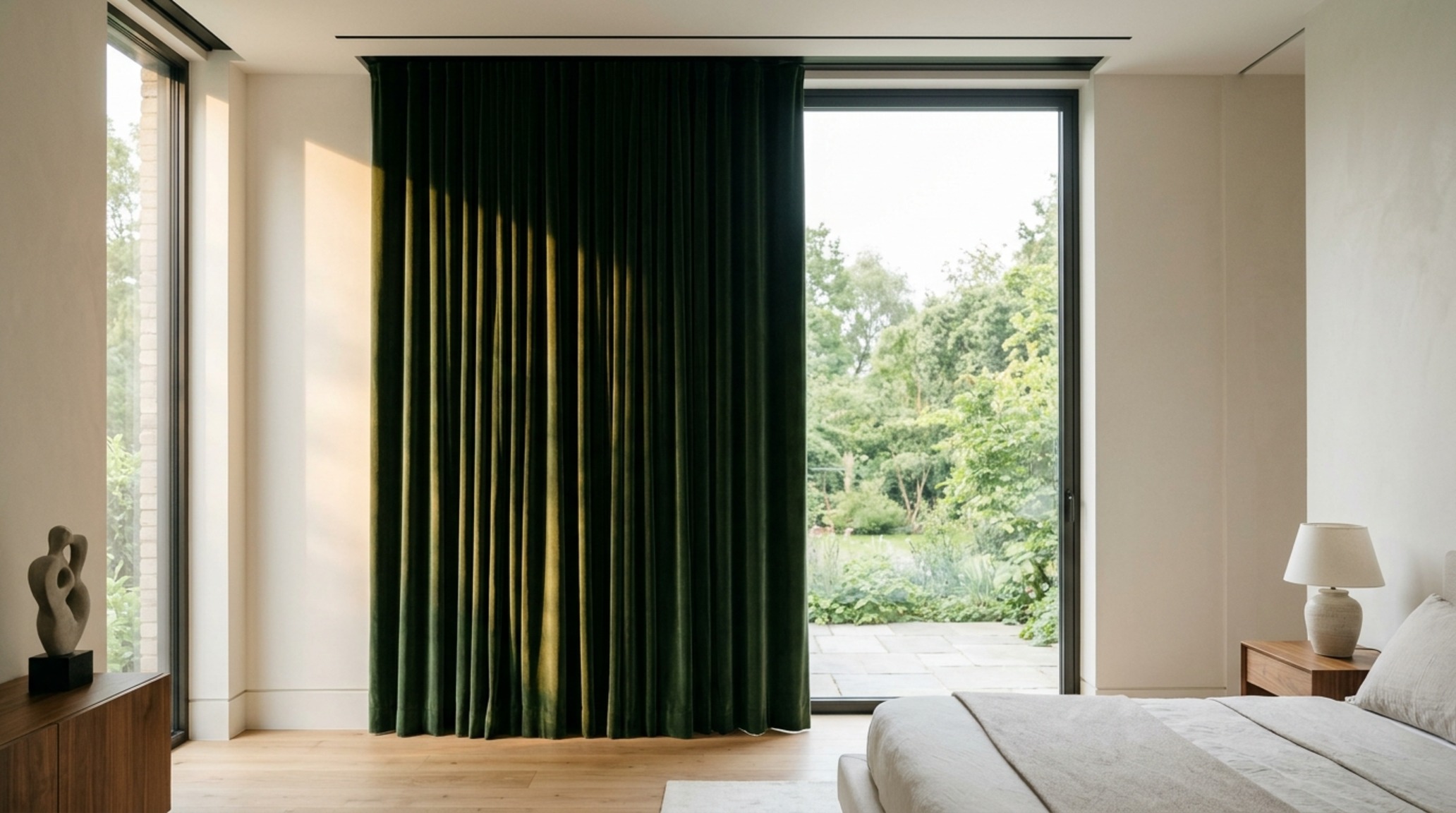 motorized bedroom curtains installed in a recessed ceiling pocket with minimalist brushed brass hardware and a soft-closing smart track system motorized bedroom curtains installed in a recessed ceiling pocket with minimalist brushed brass hardware and a soft-closing smart track system