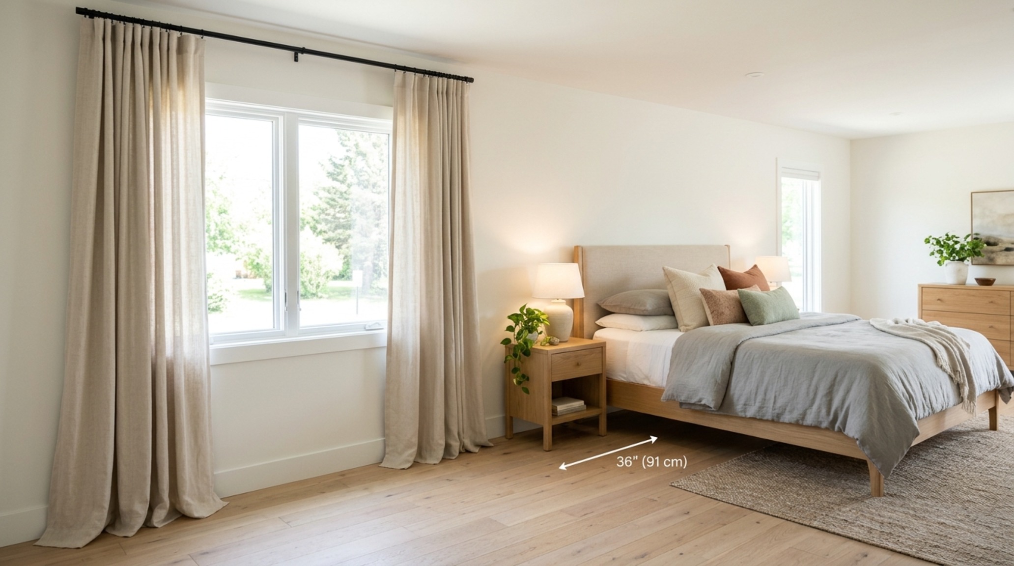 drapes for bedroom windows styled with a sophisticated kiss-length hem touching a light oak wide-plank floor with precision 36-inch clearances drapes for bedroom windows styled with a sophisticated kiss-length hem touching a light oak wide-plank floor with precision 36-inch clearances