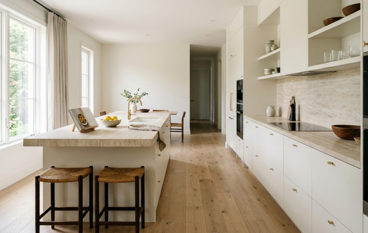 Modern kitchen featuring taupe cabinetry finished in waterborne alkyd enamel for durability, paired with honed travertine countertops and 36-inch walkway clearances.