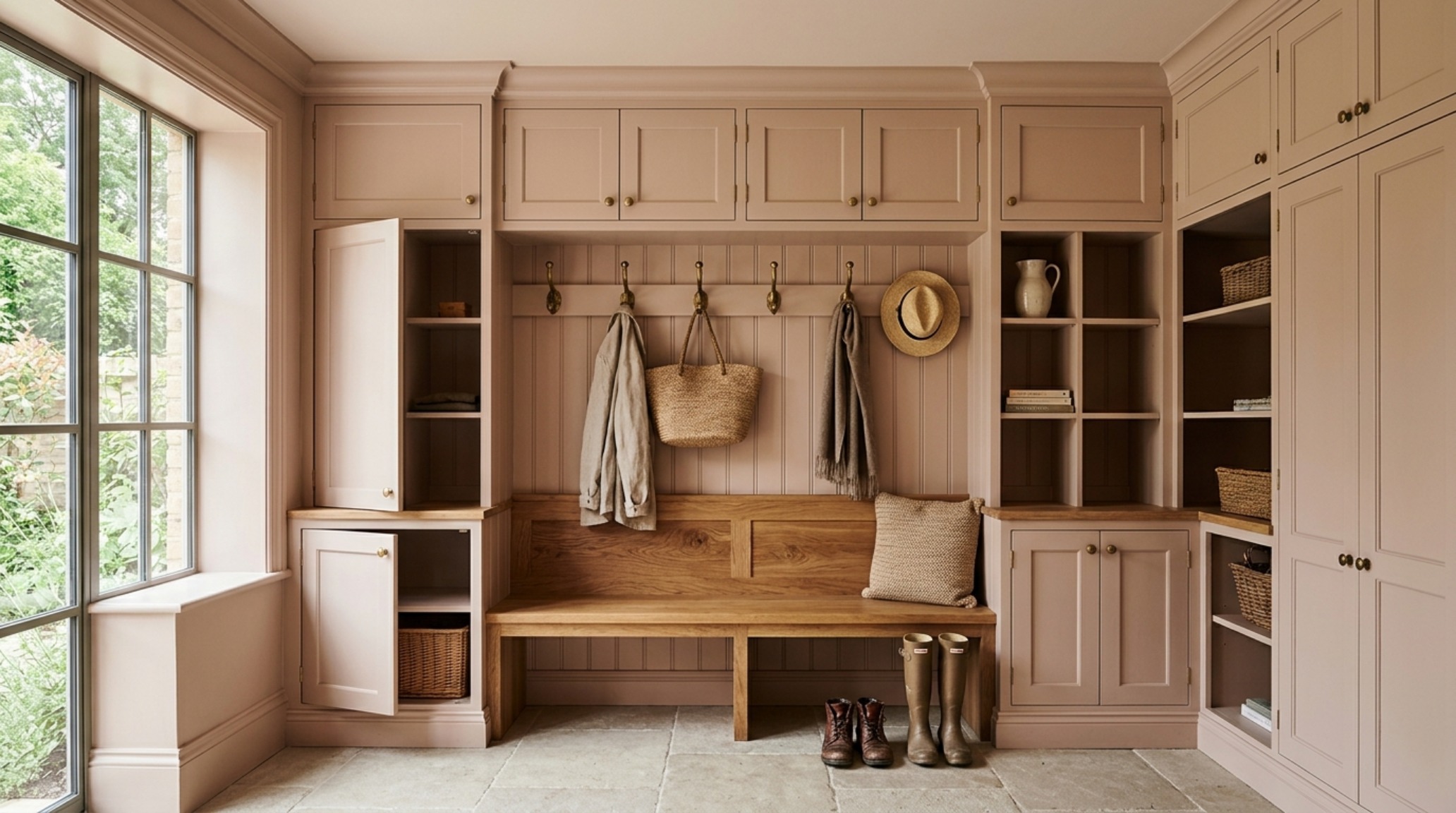Bespoke mudroom entry with built-in lockers in a color-drenched Setting Plaster hue, showcasing scrubbable satin finishes on high-traffic wainscoting. Bespoke mudroom entry with built-in lockers in a color-drenched Setting Plaster hue, showcasing scrubbable satin finishes on high-traffic wainscoting.