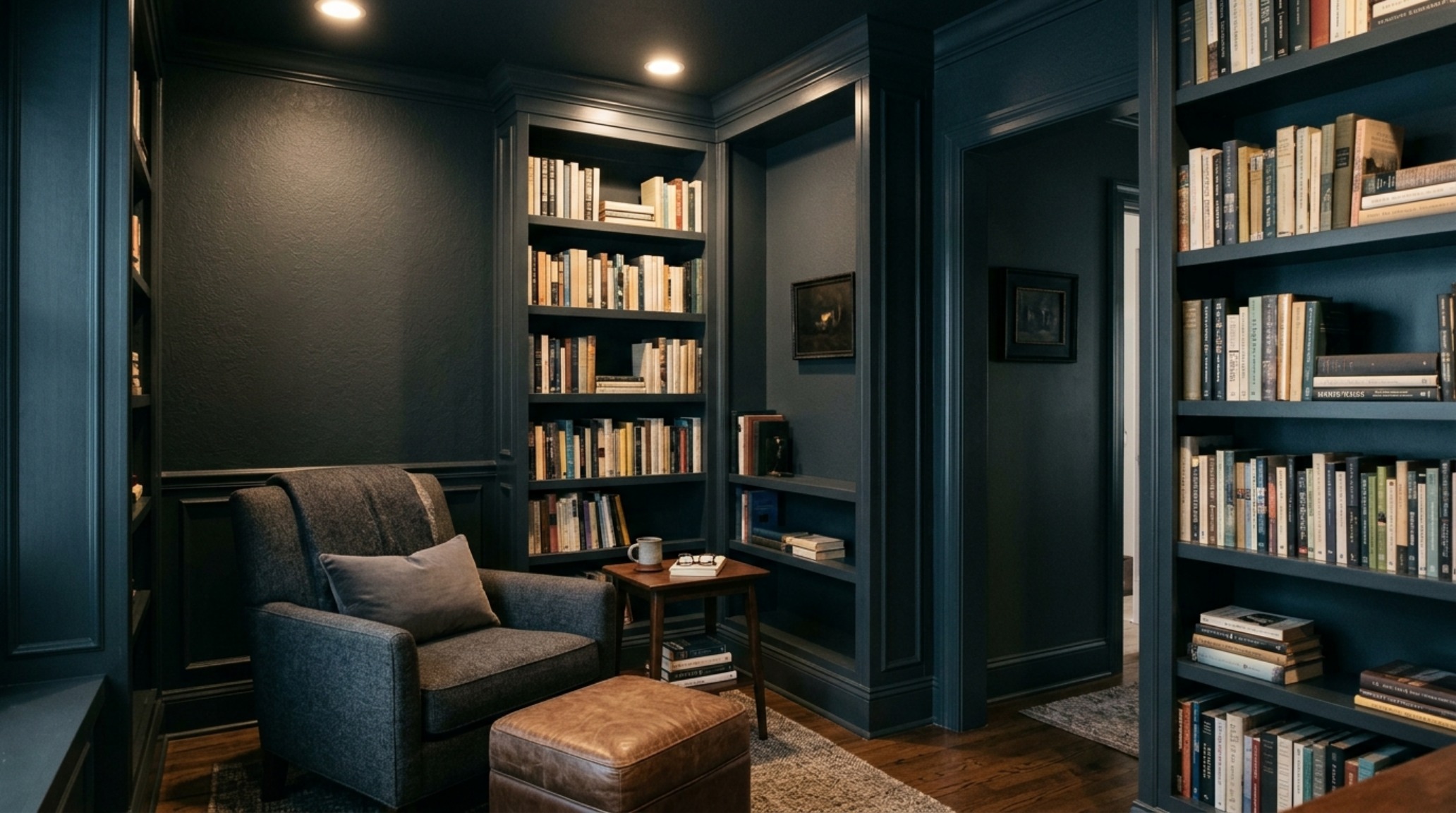 A sophisticated hallway library using color drenching techniques with matte walls and semi-gloss trim in a deep charcoal waterborne alkyd finish. A sophisticated hallway library using color drenching techniques with matte walls and semi-gloss trim in a deep charcoal waterborne alkyd finish.