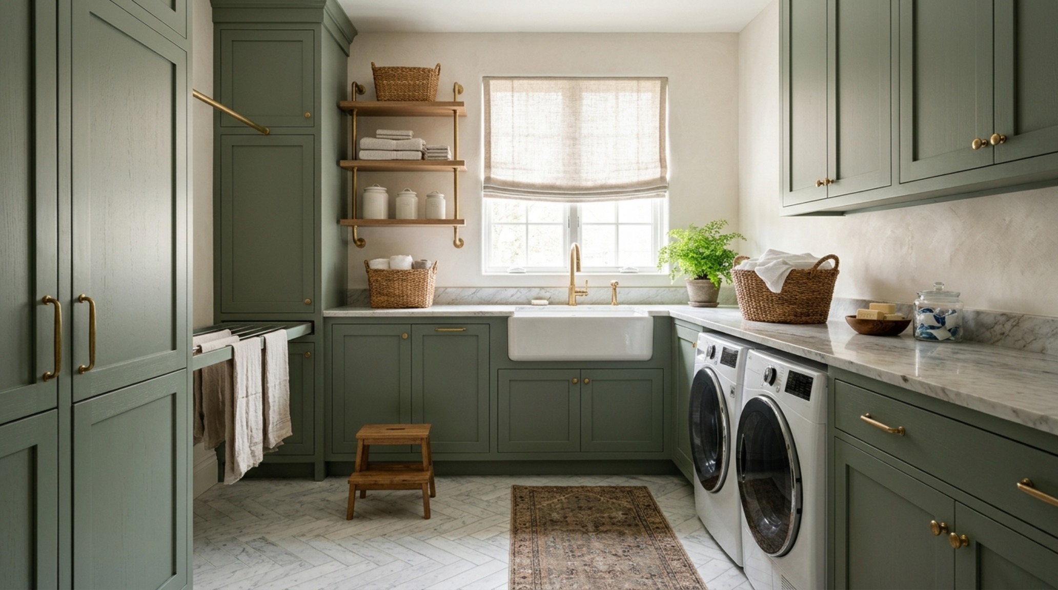 Laundry room spatial optimization featuring custom cabinetry in a sage green hybrid finish that resists moisture and high-frequency tactile use. Laundry room spatial optimization featuring custom cabinetry in a sage green hybrid finish that resists moisture and high-frequency tactile use.