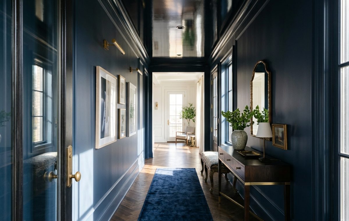 A wide-angle hero shot of a narrow entryway with a reflective vinyl ceiling and deep navy millwork, showcasing the architectural expansion of the Hinsdale corridor.