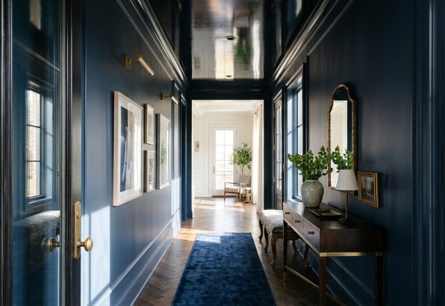 A wide-angle hero shot of a narrow entryway with a reflective vinyl ceiling and deep navy millwork, showcasing the architectural expansion of the Hinsdale corridor.