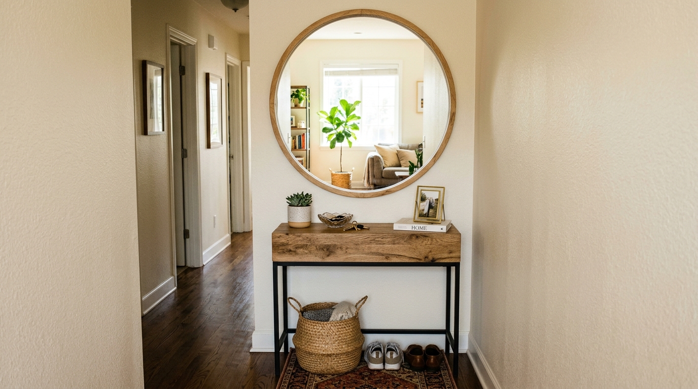 A small entryway console table with mirror, positioned to catch natural light from an adjacent room in a David Adler home.