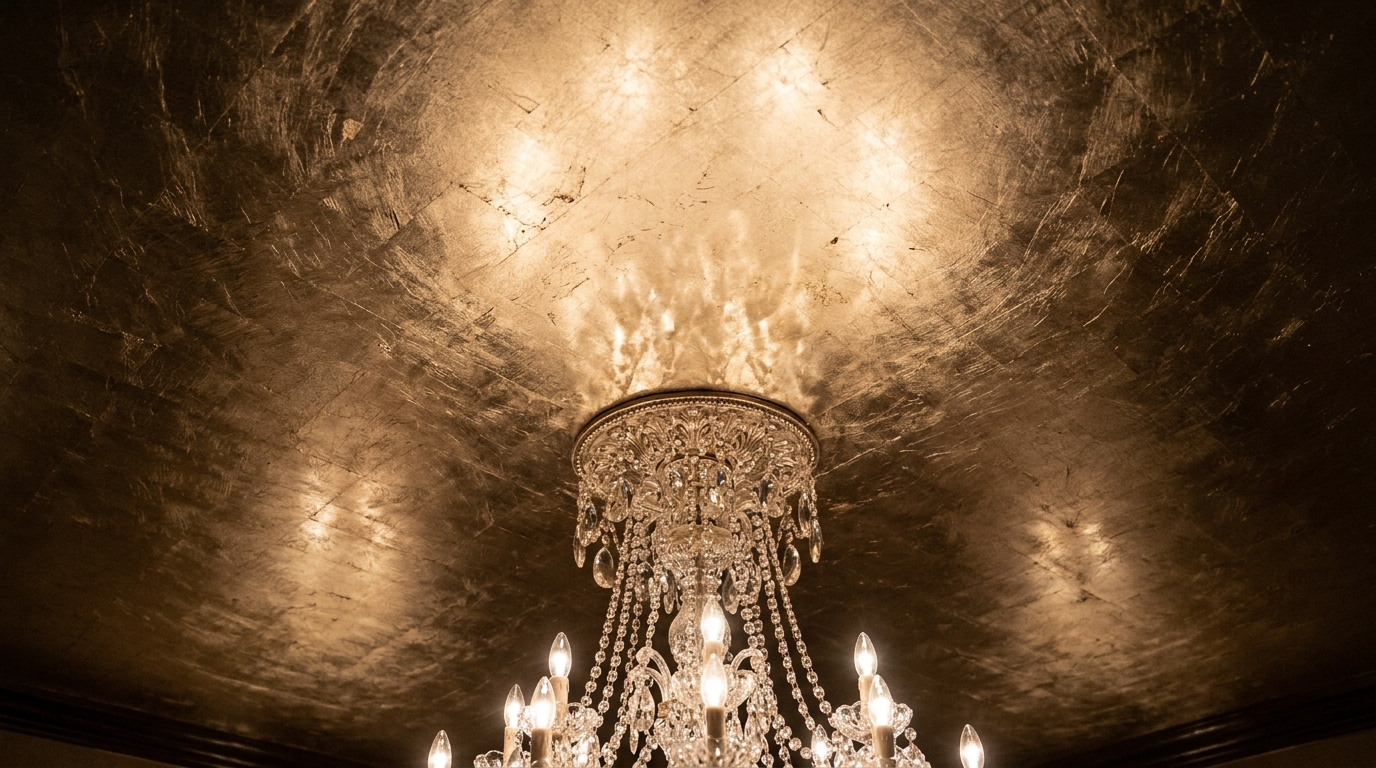 Reflective ceiling wallpaper ideas featuring a silver-leaf finish that adds height to a windowless hallway.