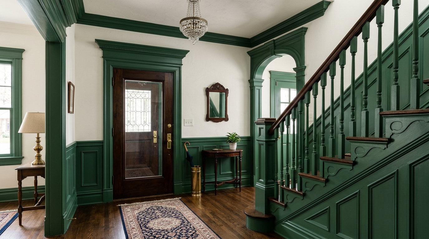 Blue trim and millwork entryway detail featuring Benjamin Moore Hale Navy and traditional crown molding.