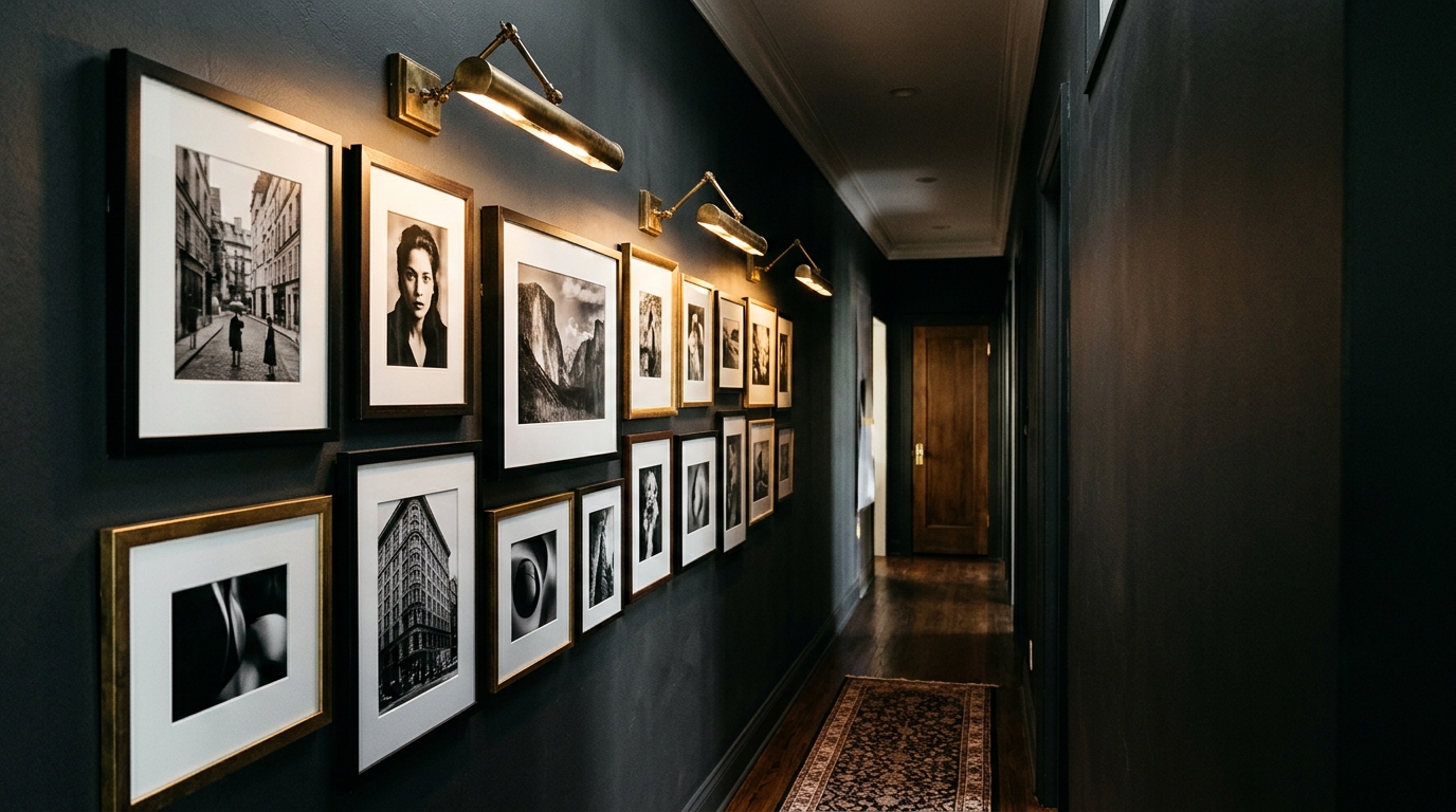 Narrow hallway lighting solutions showing recessed pin-lights focusing on framed architectural sketches.