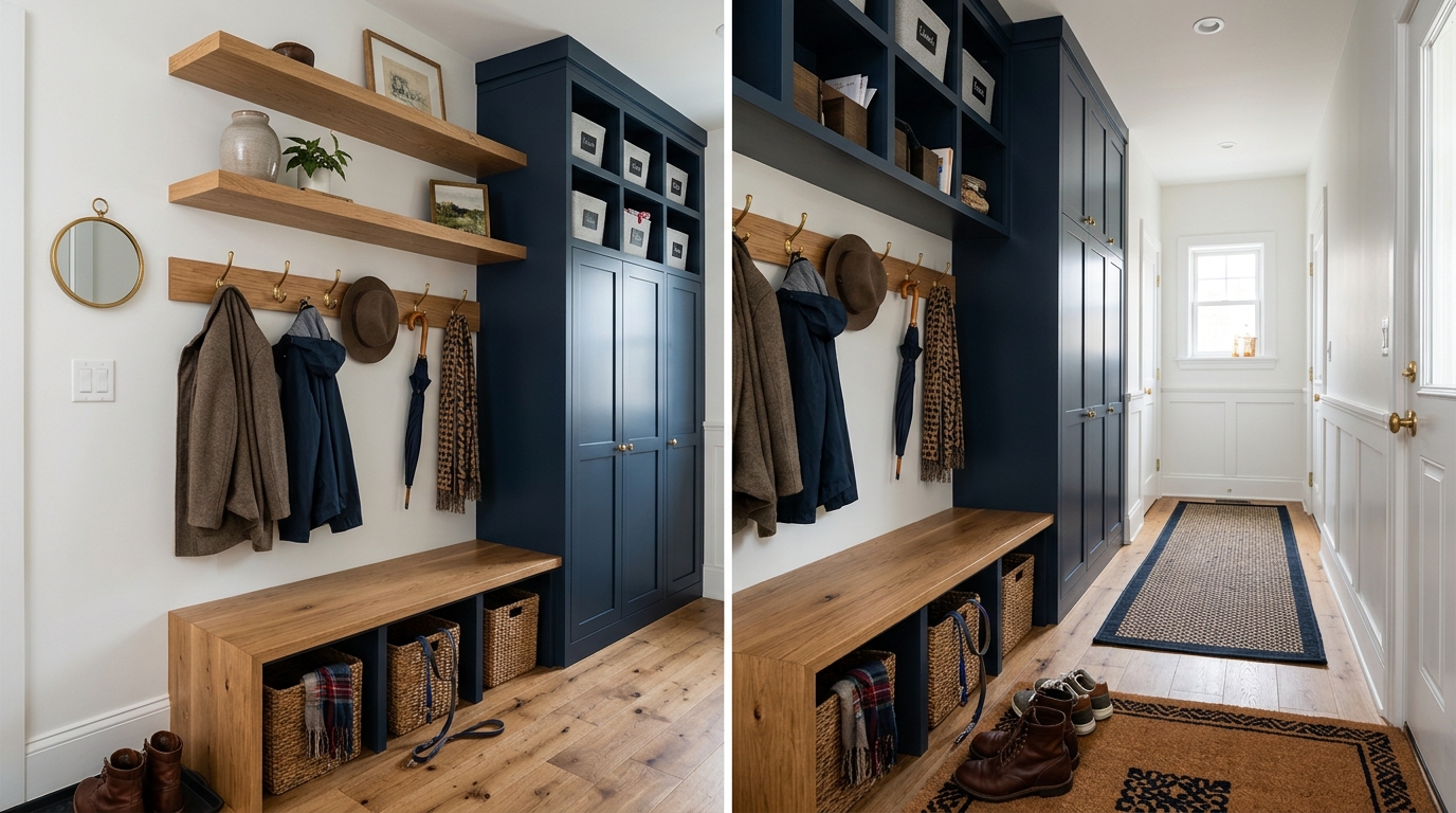 A custom-built narrow mudroom nook with integrated seating and vertical slat storage for maximized utility.