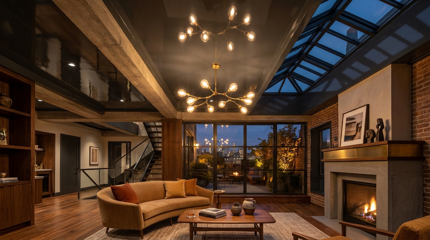 The 'fifth surface' architectural detail: A close-up of a high-gloss black ceiling reflecting a traditional chandelier.