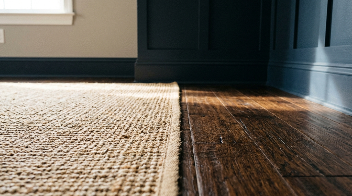 Textural contrast in a small hallway featuring a sisal runner rug and smooth lacquered doors.