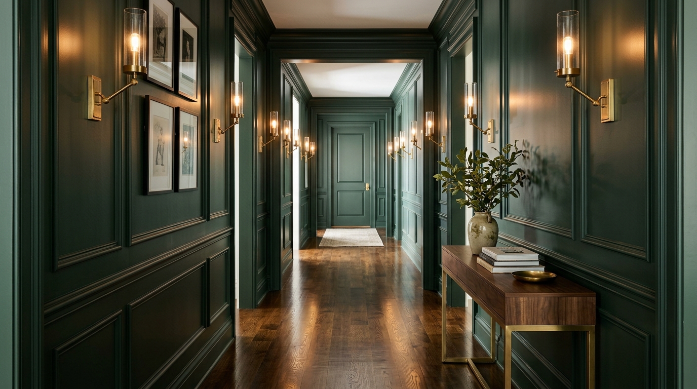 Architectural perspective of a long corridor with 36-inch walkways, highlighting the rhythmic placement of sconces and a slim console table.