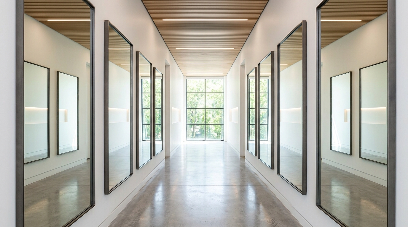 Narrow hallway ideas: Using a series of three identical mirrors to create a rhythmic visual expansion.