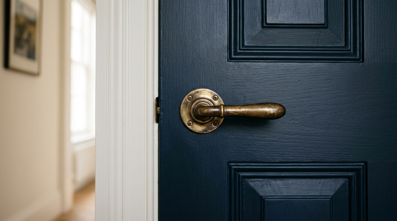 Close-up of unlacquered brass door hardware against a dark navy door, showcasing luxury materiality.