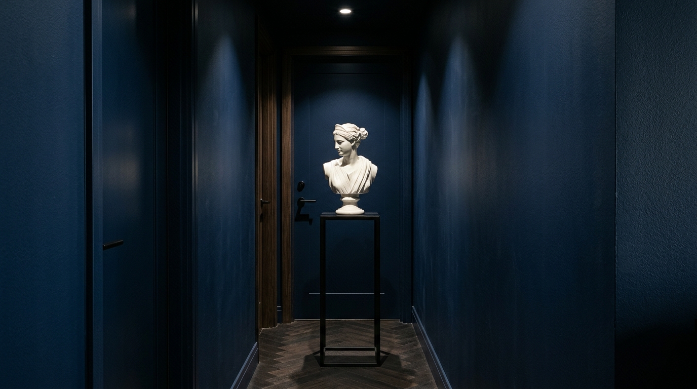 Small entryway decor ideas: A single sculptural ceramic vase on a narrow stone ledge.