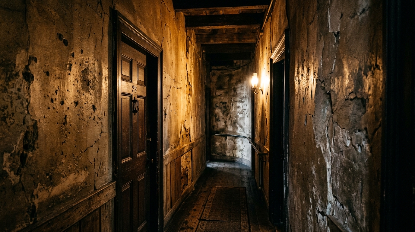 The shadow play created by deep-set millwork and directional lighting in a narrow passage.