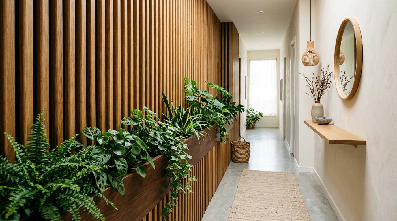 A vertical garden or green wall installation in a narrow entryway to introduce organic life without losing floor space.