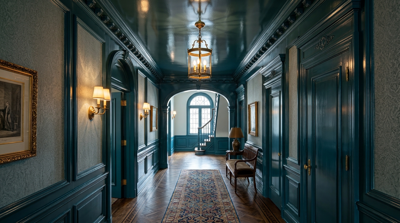 The intersection of historic plasterwork and modern reflective vinyl ceilings in a renovated estate.