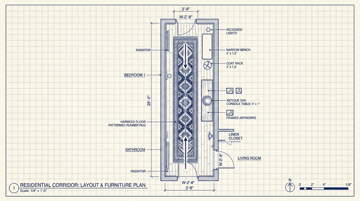 A top-down view of a narrow hallway floor plan highlighting the 18-inch furniture reach zone.