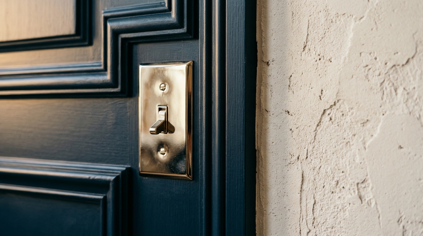 Close-up detail of Regent Green millwork and polished nickel hardware, emphasizing the tactile textures and high-contrast paint finish.