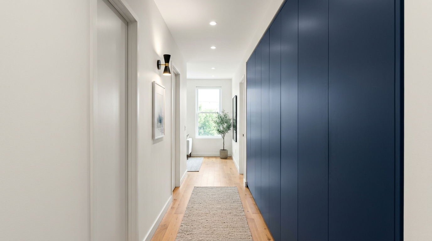 Hallway design trends 2025: The use of 'disappearing' storage cabinets that match the wall color and molding.
