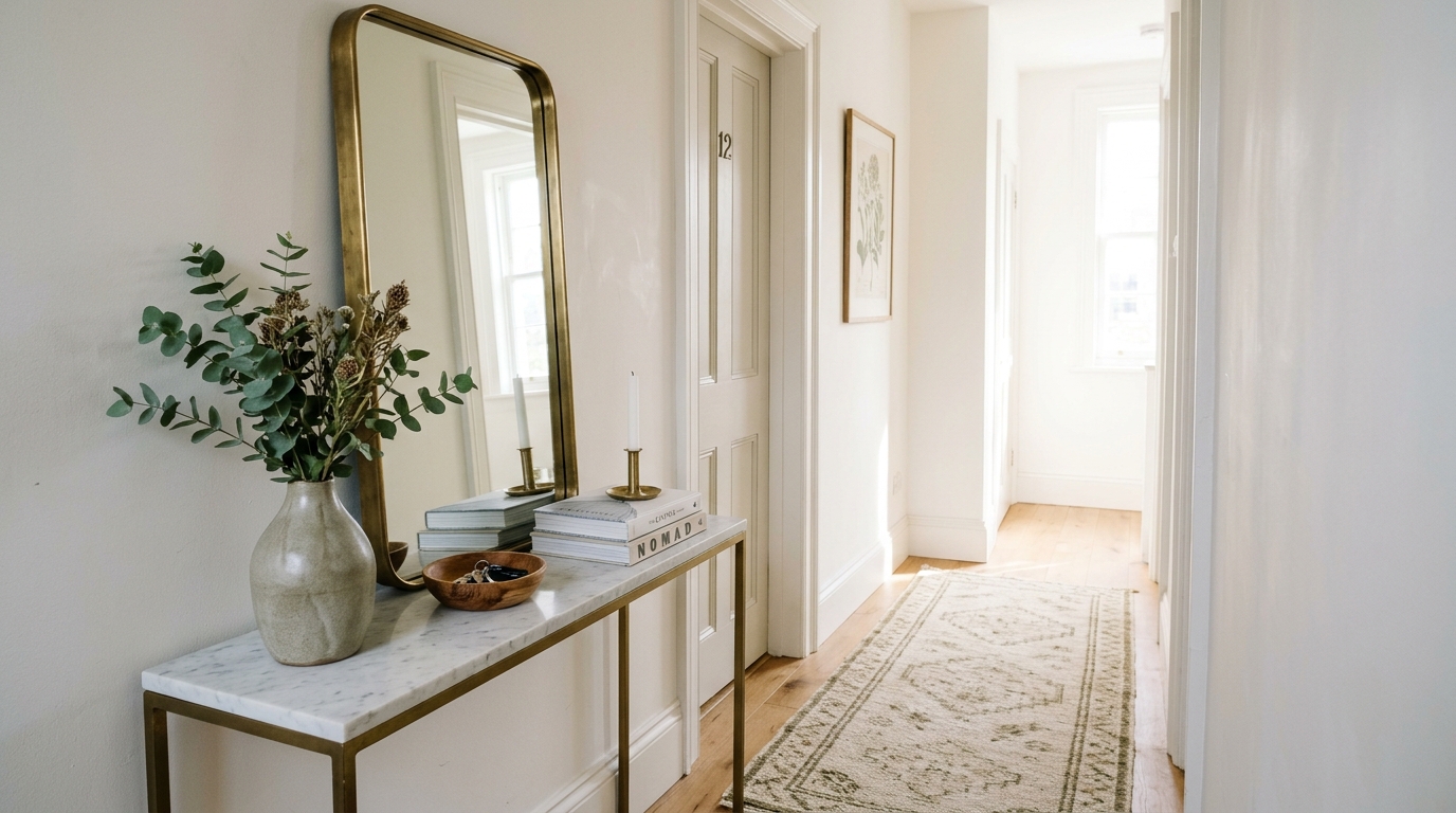 Functional living snapshot of a slim entryway bench and a bespoke runner rug, demonstrating ergonomic design in a compact space.