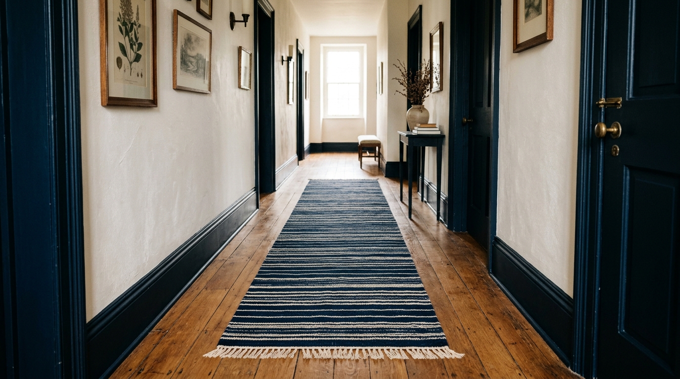 A modern traditional entryway featuring a narrow hallway runner rug with a horizontal pattern to visually widen the floor.