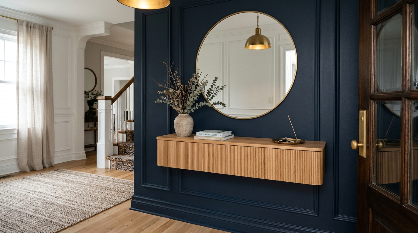 Small entryway decor ideas showing a wall-mounted floating shelf in fluted oak against a dark blue textured wallpaper.